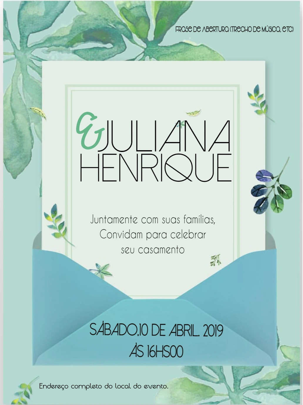 Convite de Casamento Folhagem Aquarela para Editar Online