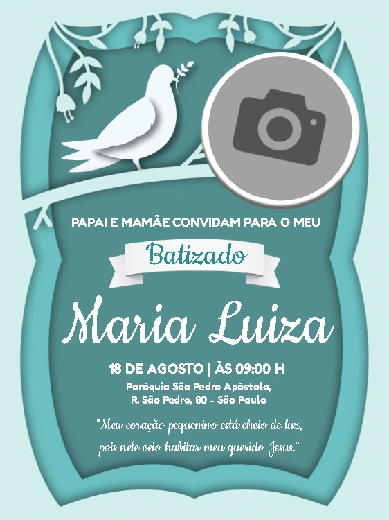 Convite de Batizado com Foto e Pomba para Editar Online