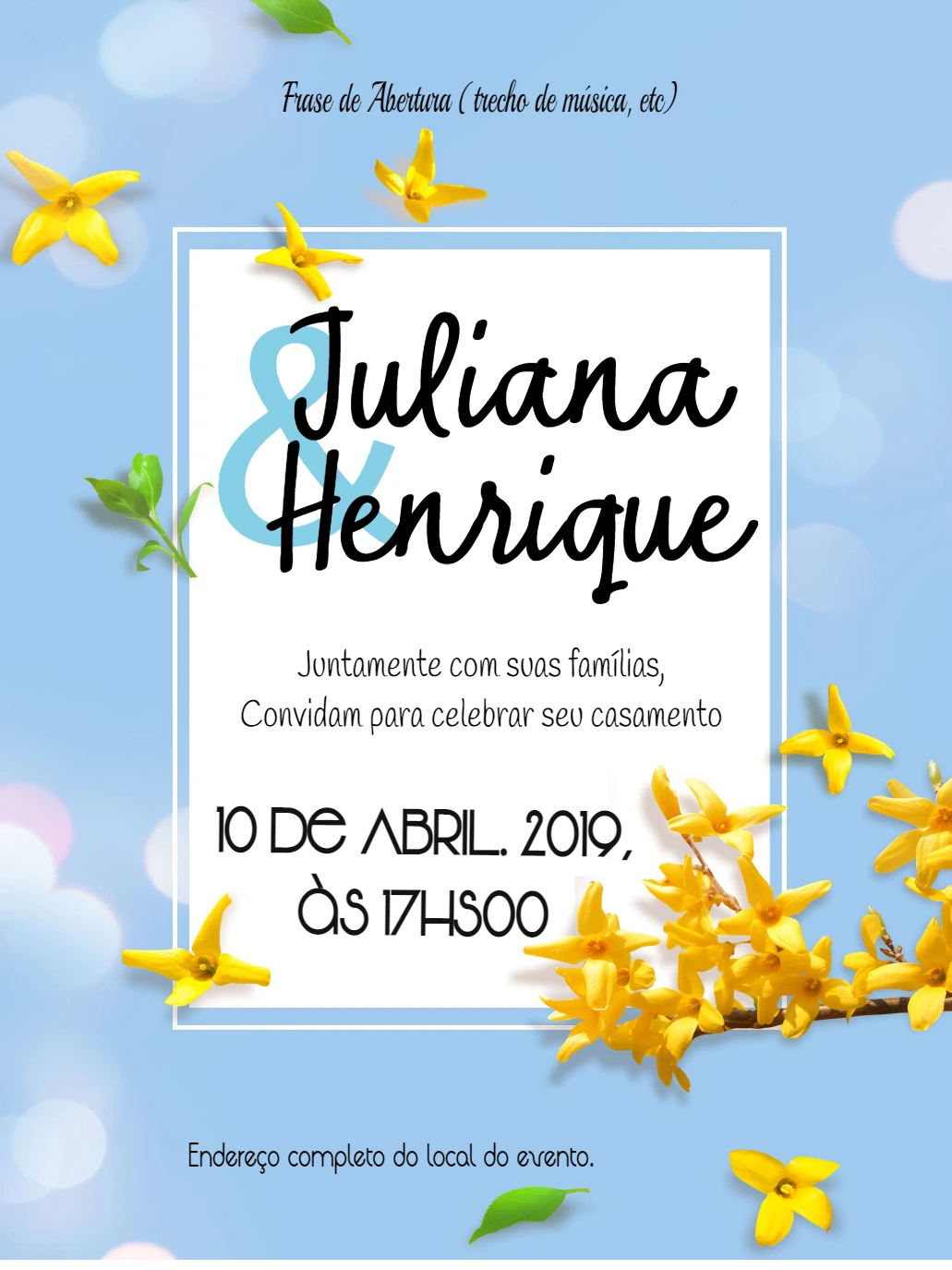 Convite de Casamento Floral Azul e Amarelo para Editar Online