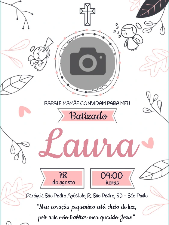 Convite de Batizado com Foto Delicado para Editar Online