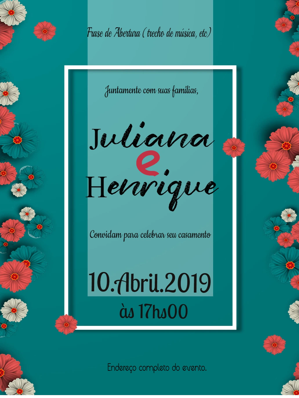Convite de Casamento Floral Turquesa para Editar Online