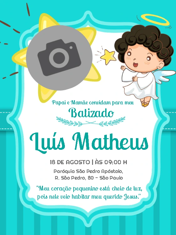 Convite de Batizado com Foto de Anjo para Editar Online