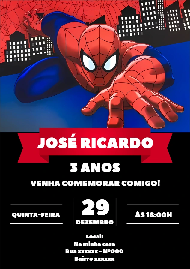 Convite de Aniversário Homem Aranha para Editar Online