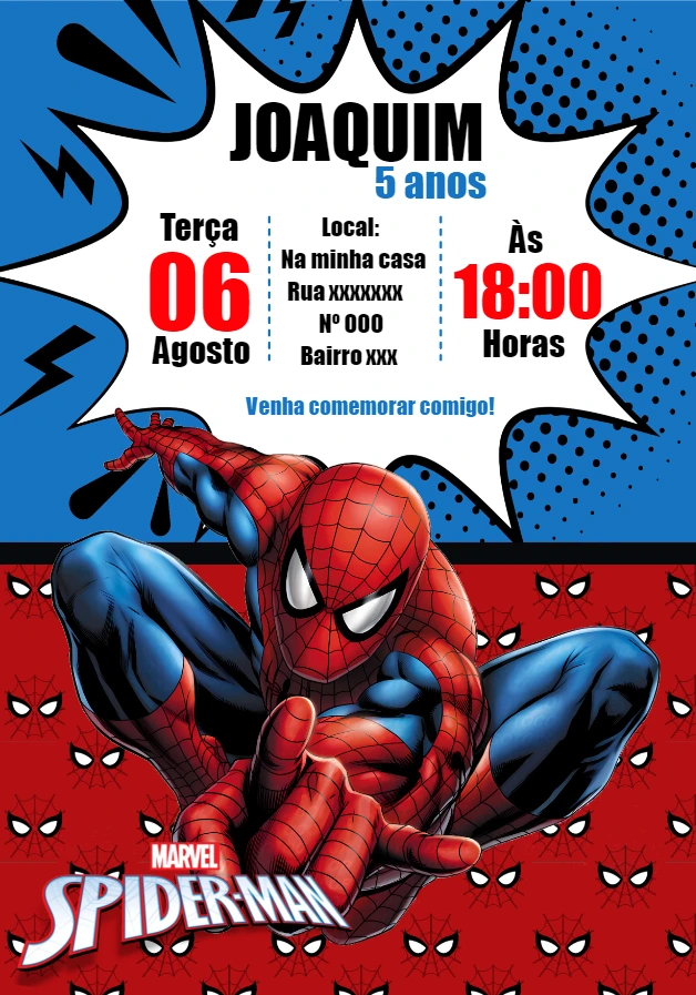 Convite Aniversário Homem Aranha para Editar Online