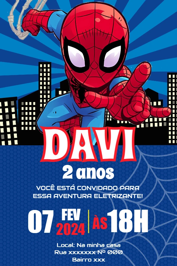 Convite de Aniversário Homem Aranha para Editar Online