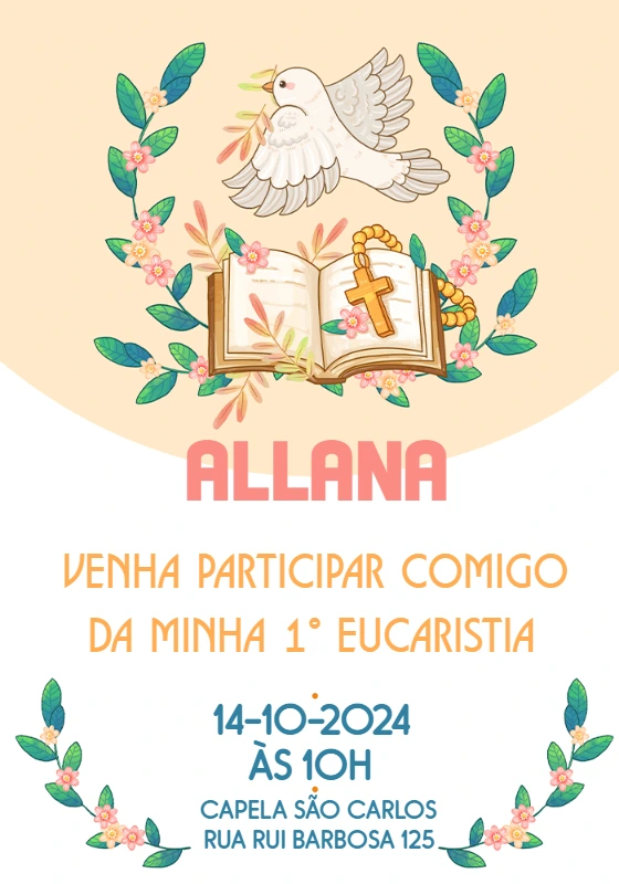 Convite Primeira Eucaristia com Pomba e Flores para Editar
