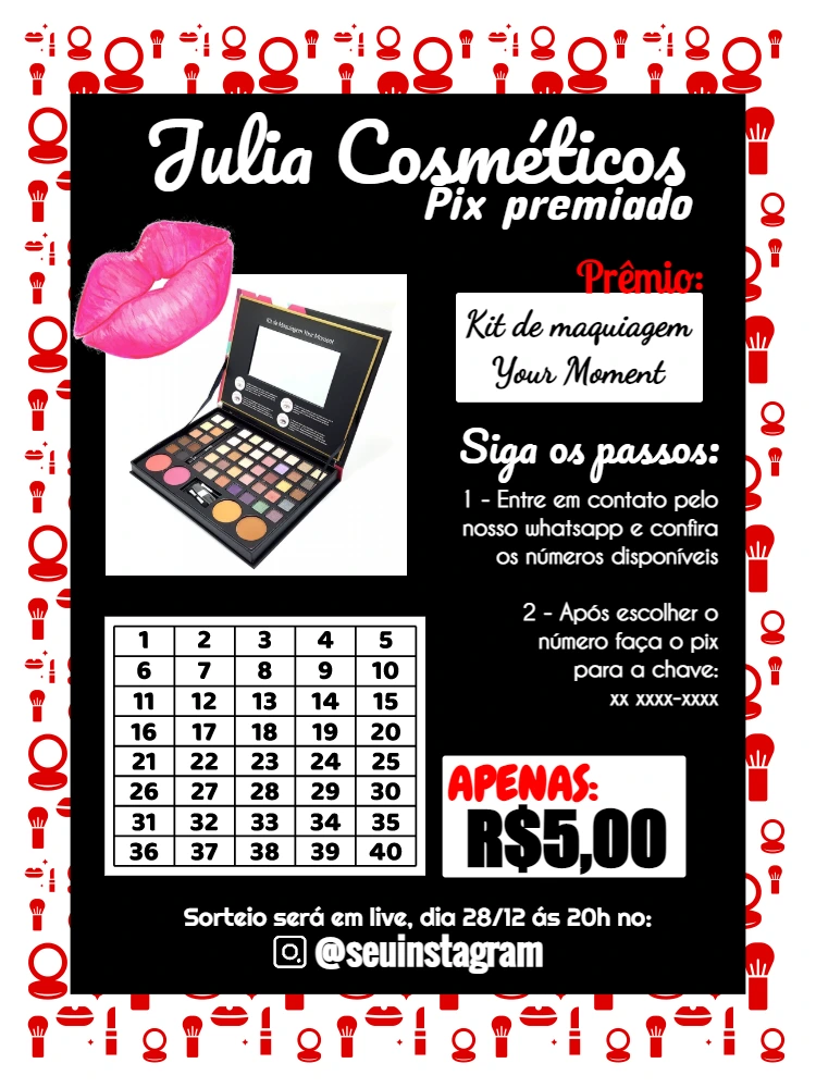 Rifa Pix Premiado de Maquiagem com Números Editável