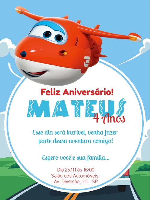 Convite de Aniversário Super Wings com Jett para Editar Online