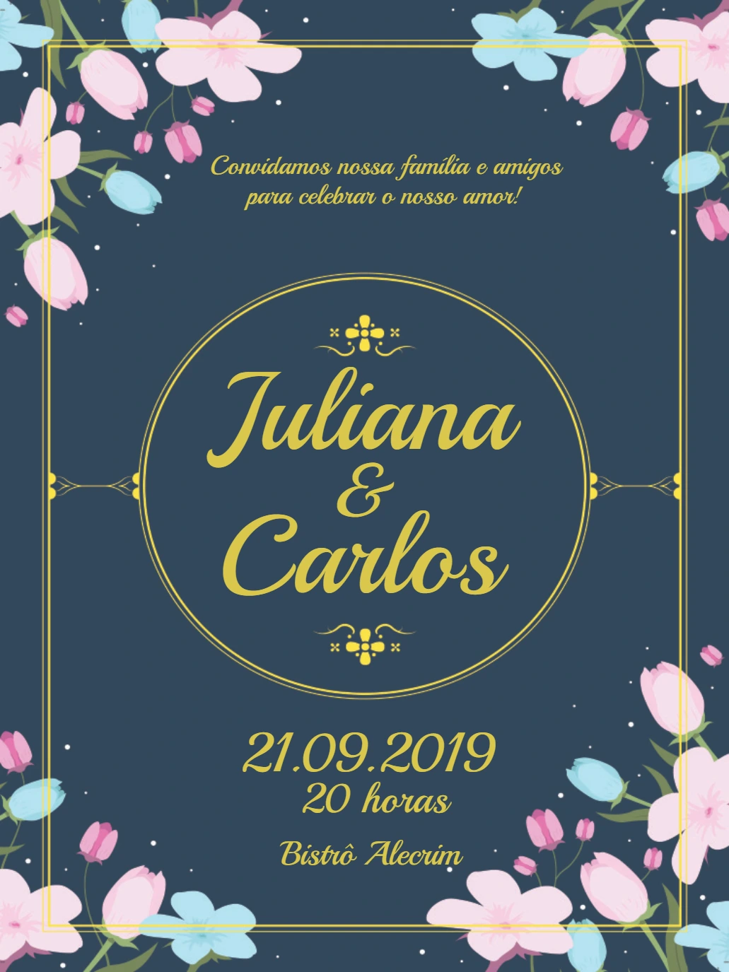 Convite de Casamento Floral Azul e Rosa para Editar Online