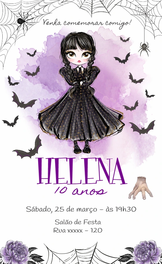 Convite de Aniversário Wandinha Addams para Editar Online