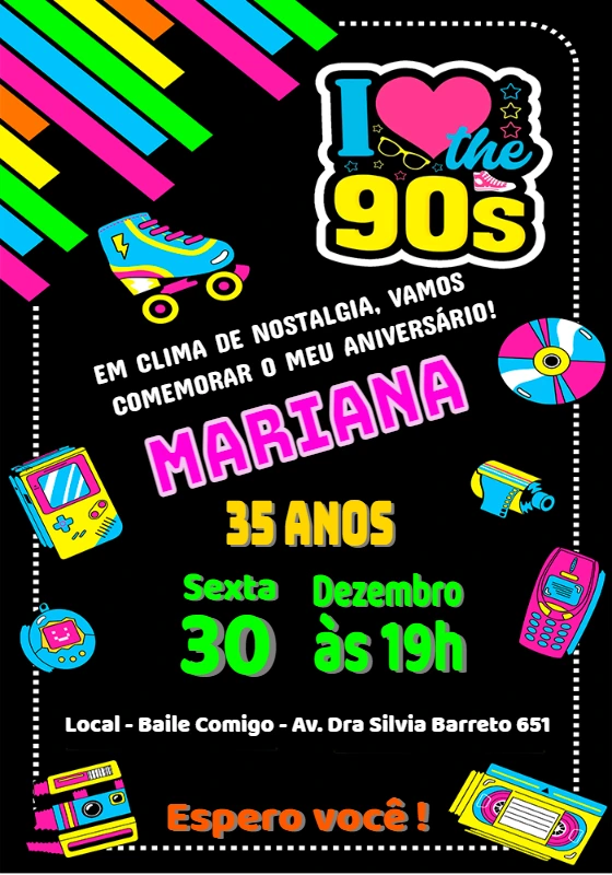 Convite Aniversário Anos 90 Retrô com Ícones para Editar Online