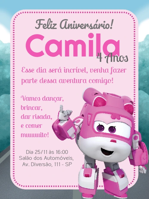 Convite de Aniversário Super Wings Rosa para Editar Online