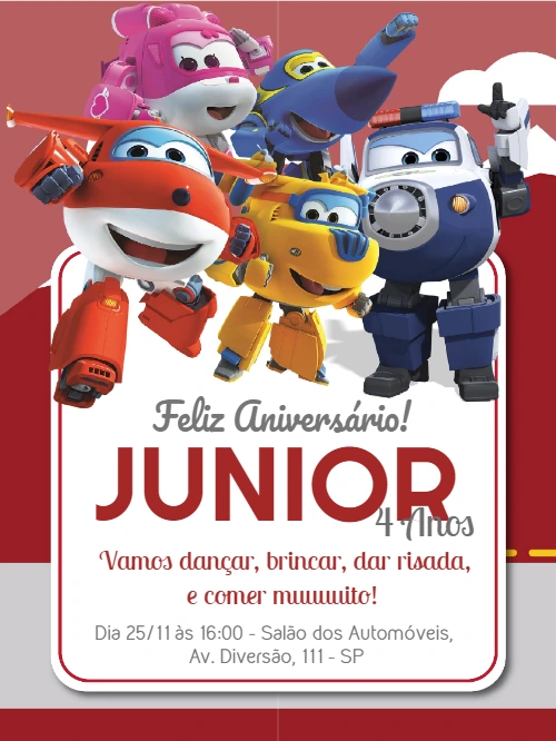 Convite de Aniversário Super Wings para Editar e Imprimir
