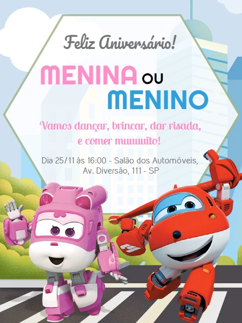 Convite de Aniversário Super Wings com Jett e Dizzy para Editar