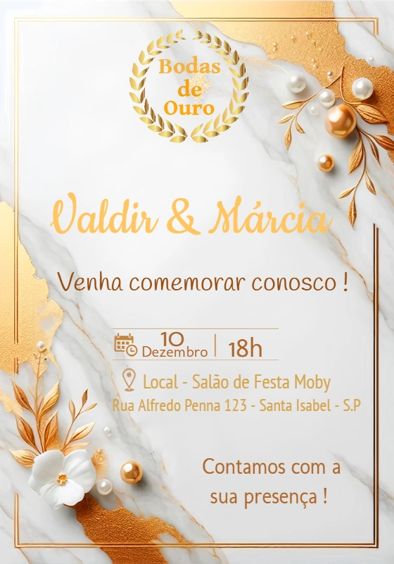 Convite Bodas de Ouro Mármore e Dourado para Editar Online