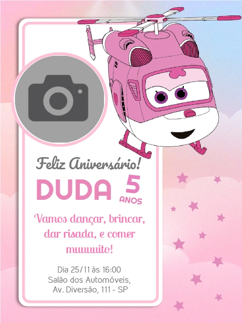 Convite de Aniversário Super Wings com Foto para Editar
