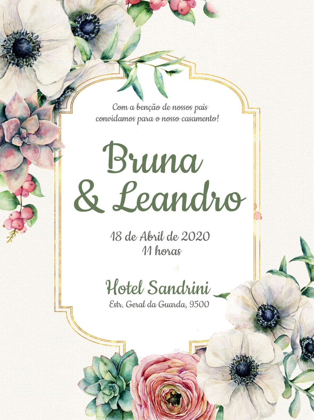 Convite de Casamento Floral com Dourado para Editar Online