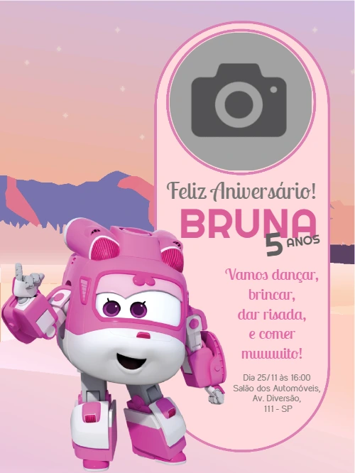 Convite de Aniversário Super Wings com Foto para Editar