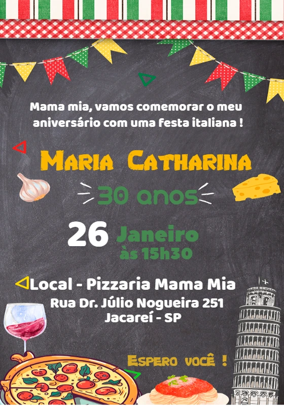 Convite de Aniversário Festa Italiana para Editar Online