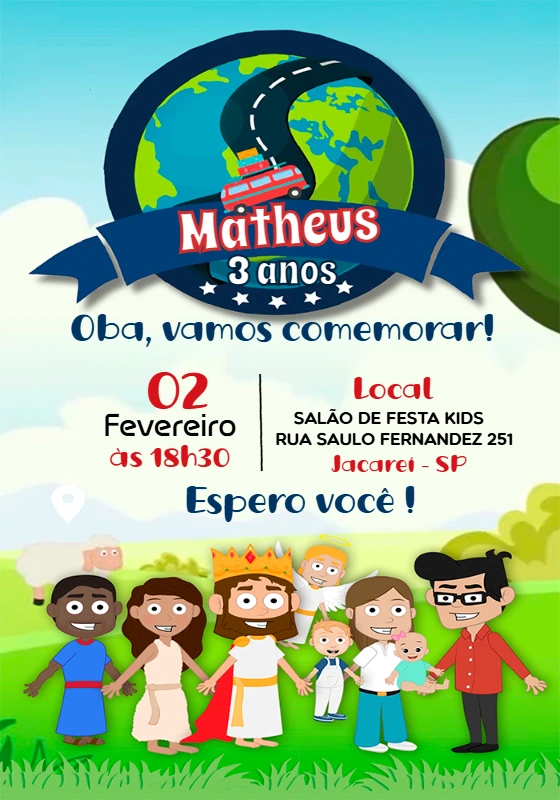 Convite Aniversário Viagem Bíblica com Personagens para Editar