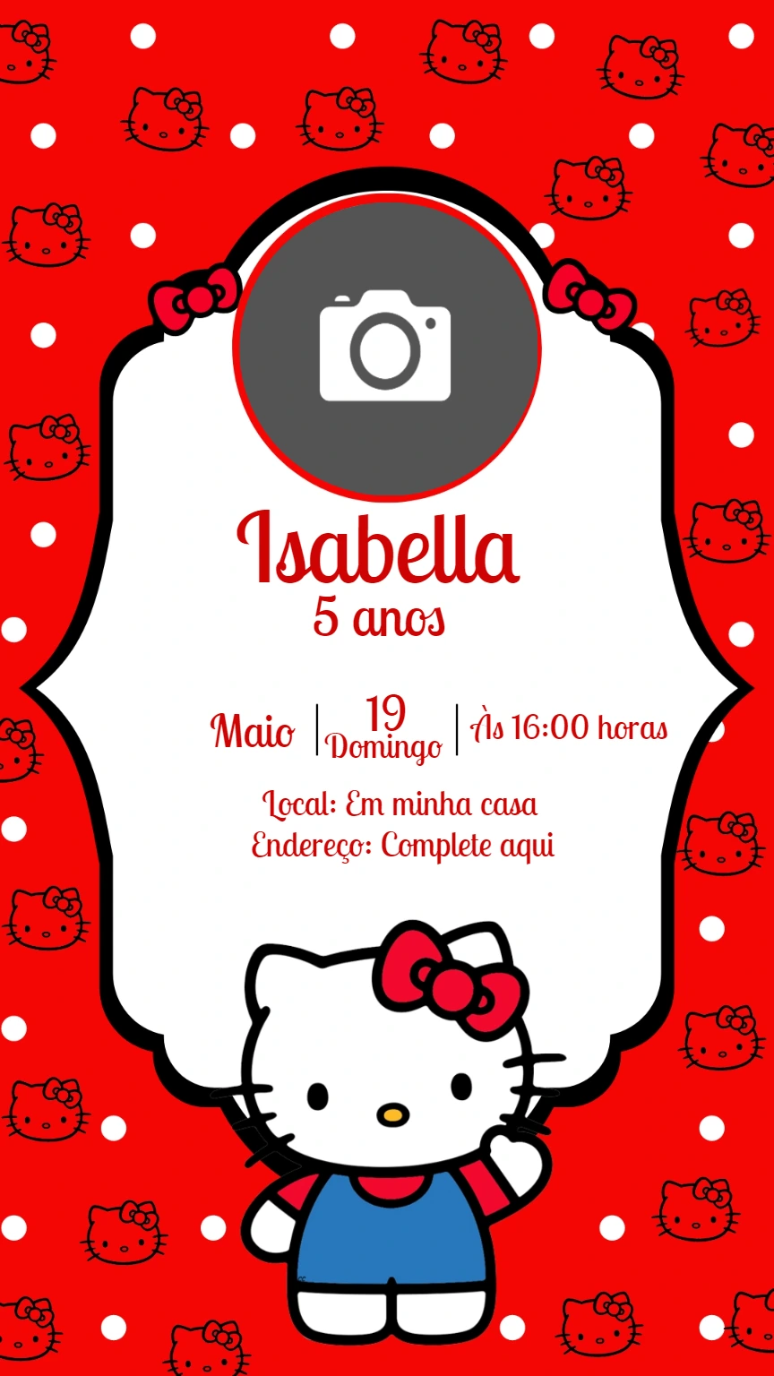 Convite Aniversário Hello Kitty com Foto para Editar Online