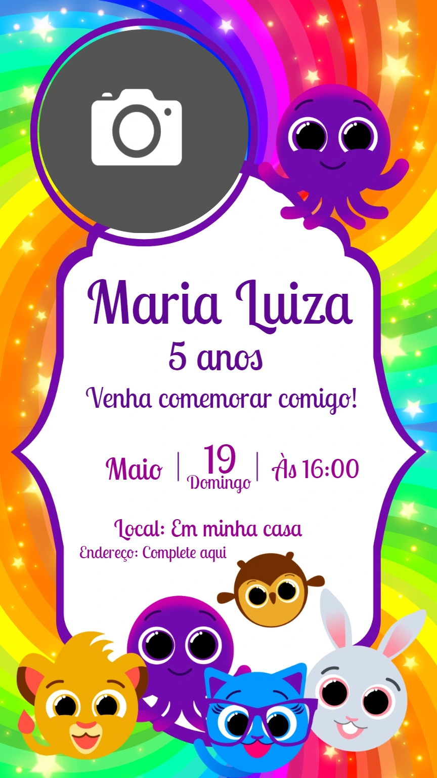 Convite Aniversário Bolofofos com Foto para Editar Online
