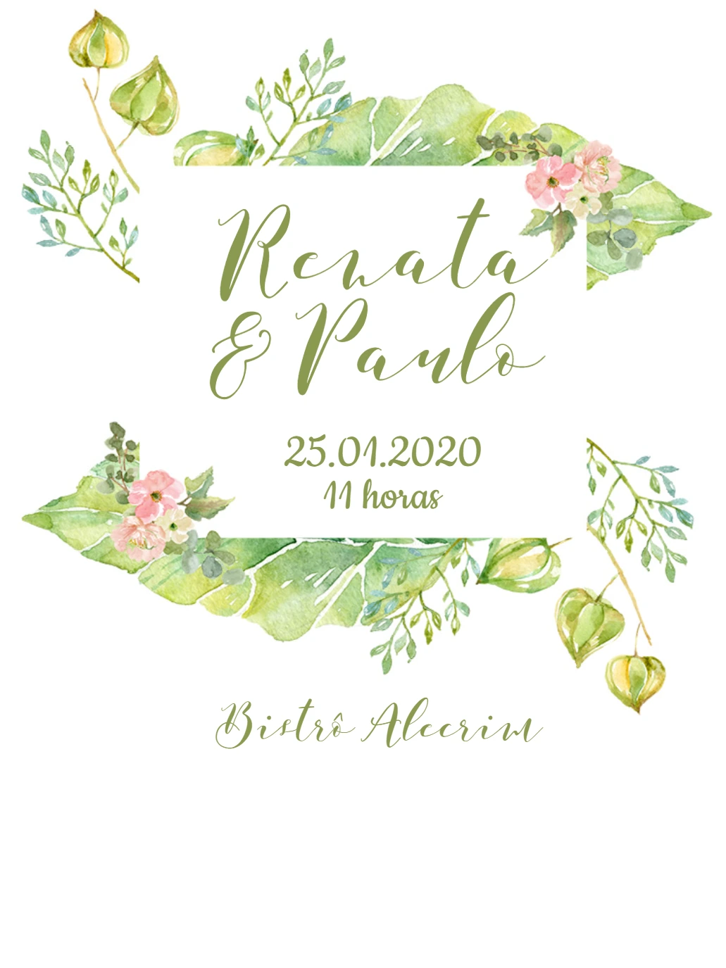 Convite de Casamento Aquarela com Folhagem para Editar
