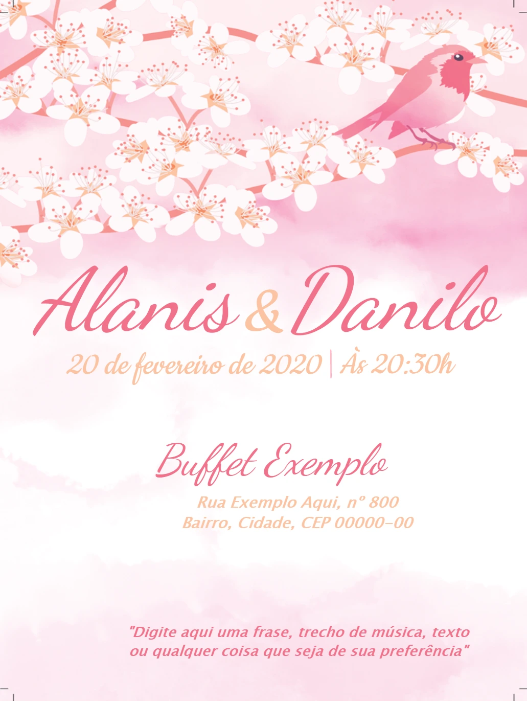 Convite de Casamento Floral com Pássaro para Editar Online