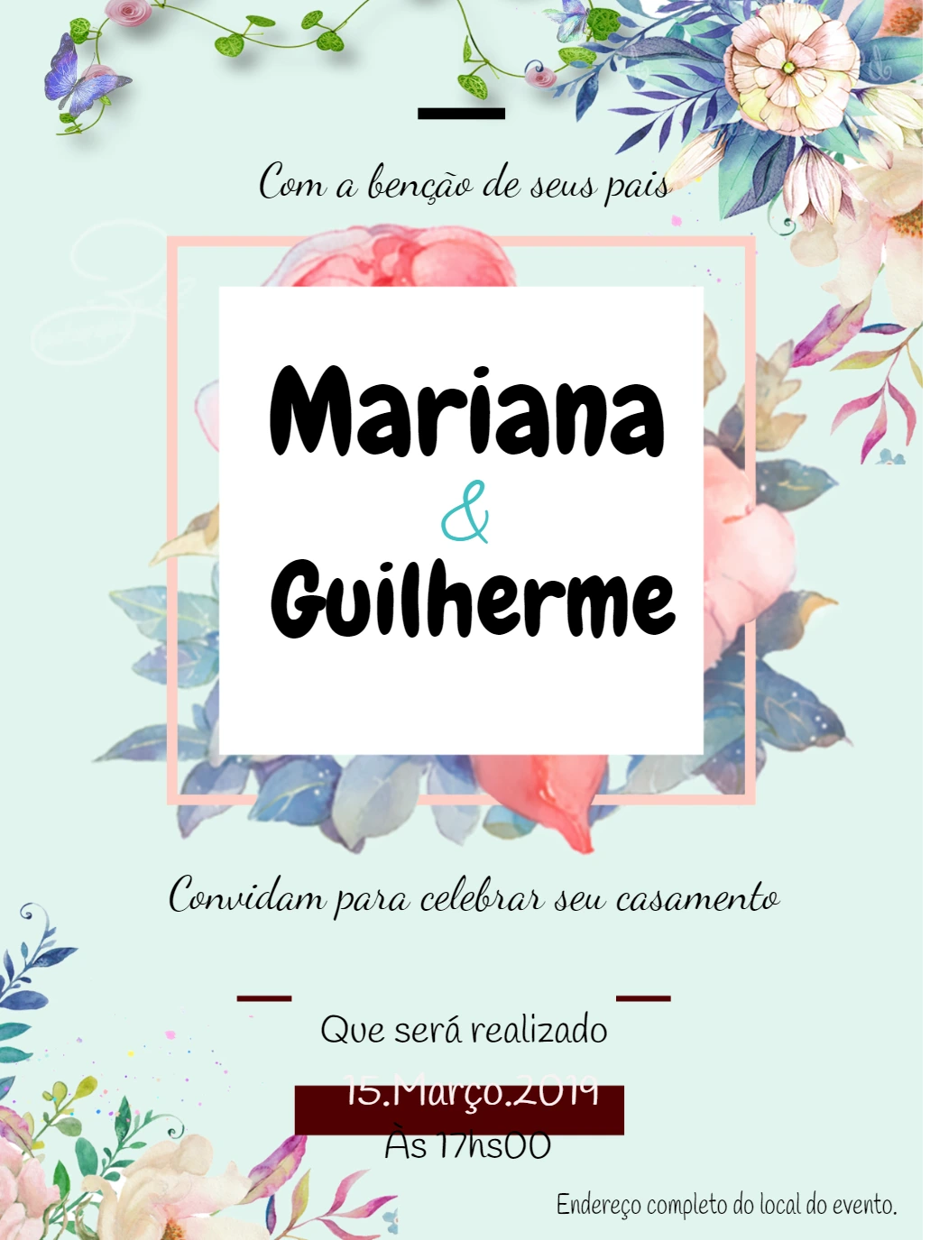 Convite de Casamento Floral Aquarela para Editar Online