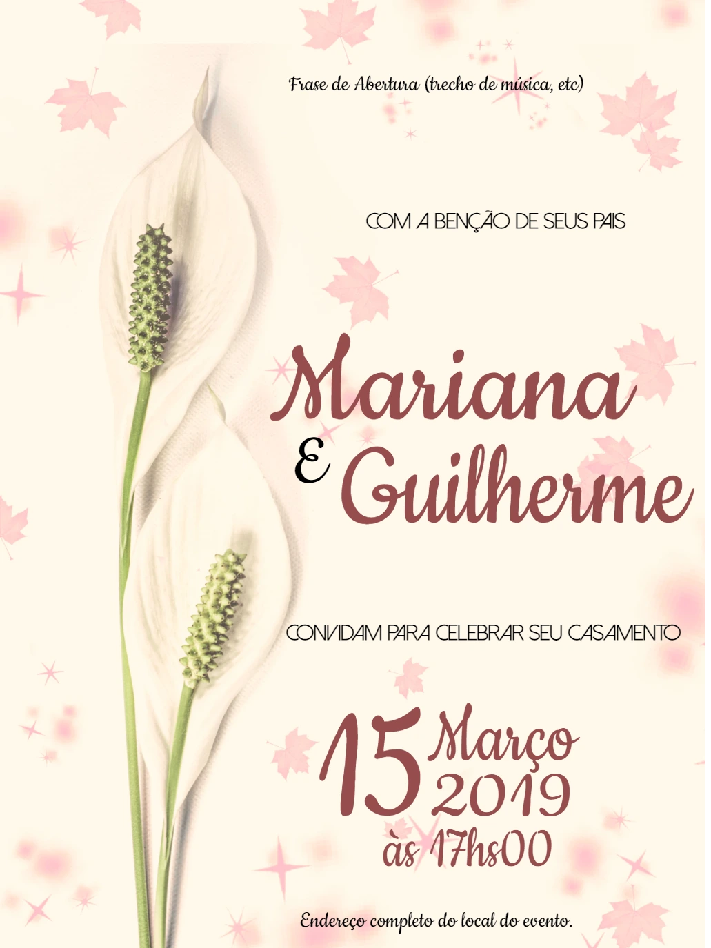 Convite de Casamento Floral com Lírio da Paz para Editar Online