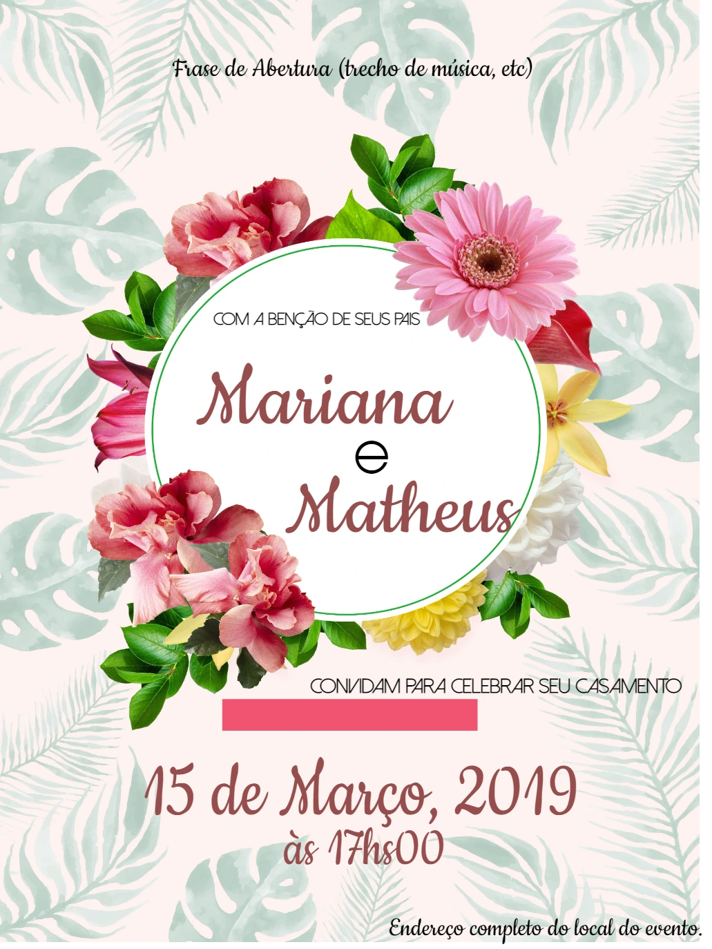 Convite de Casamento Floral Tropical para Editar Online