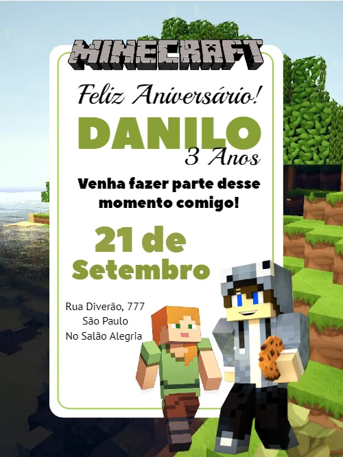 Convite de Aniversário Minecraft com Personagens para Editar Online
