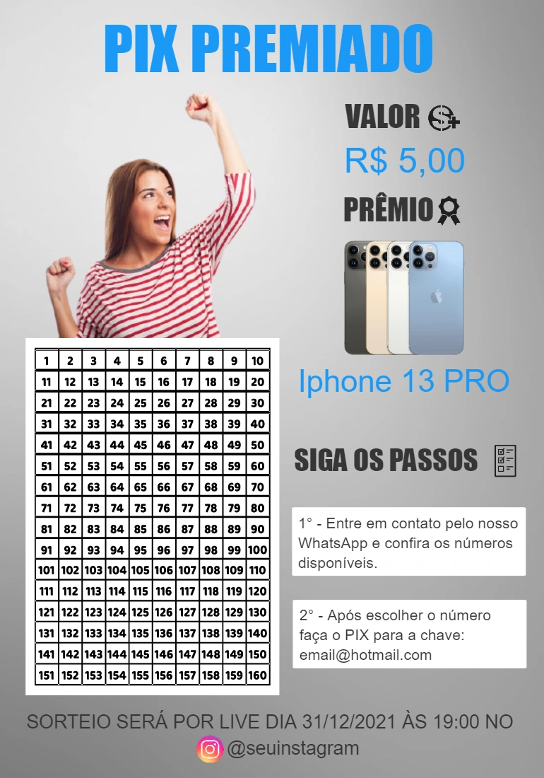 Arte Rifa Pix Premiado com Tabela de Números para Editar Online