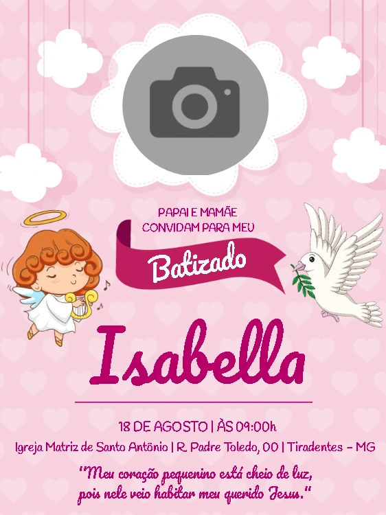 Convite de Batizado com Foto e Anjo para Editar Online