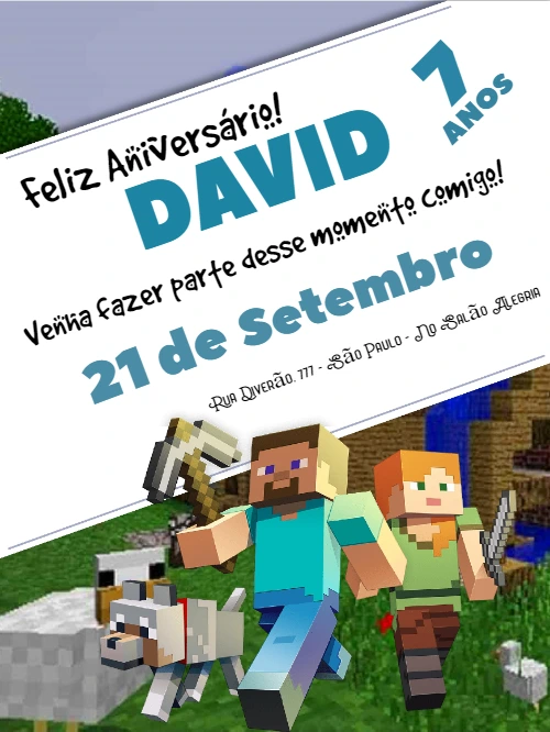 Convite de Aniversário Minecraft com Personagens para Editar