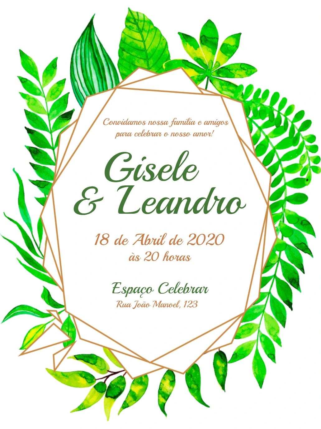 Convite de Casamento Folhagem Geométrica para Editar Online