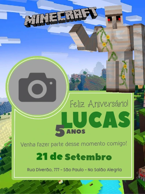 Convite de Aniversário Minecraft com Foto para Editar Online