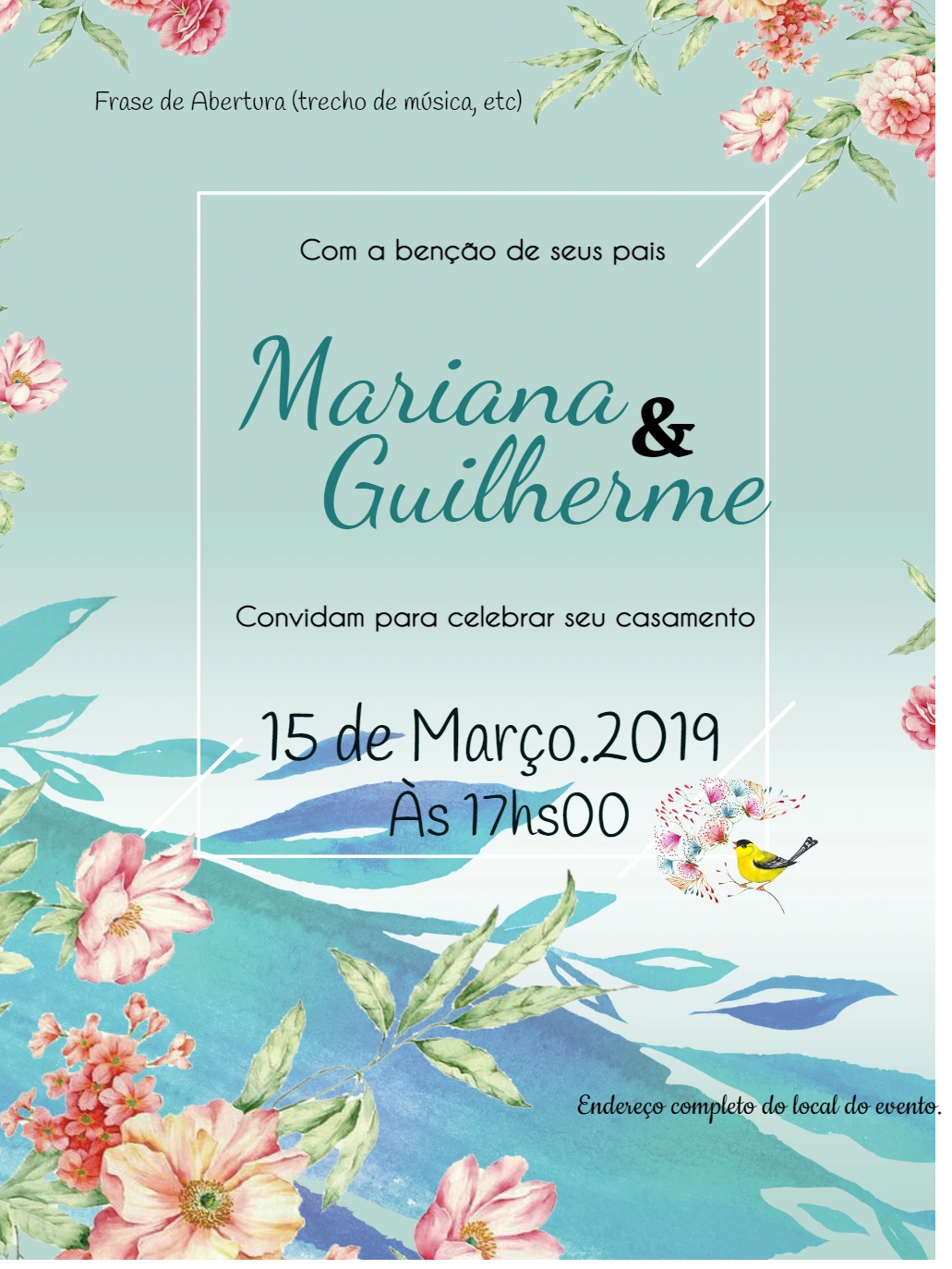 Convite de Casamento Floral Aquarela para Editar Online