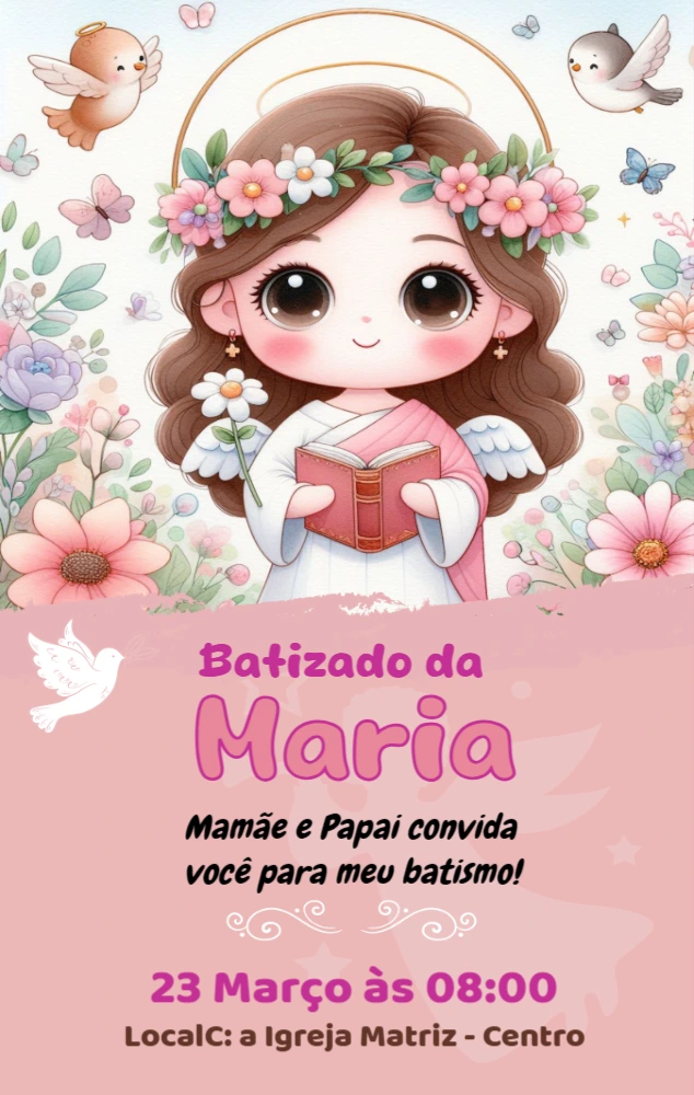 Convite de Batizado Anjinha com Flores para Editar Online