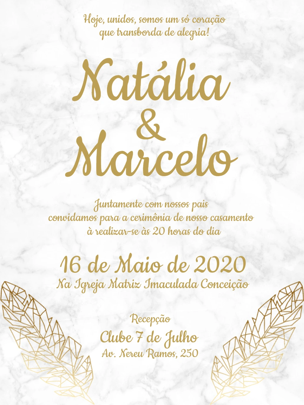 Convite de Casamento Mármore e Dourado para Editar Online
