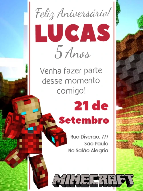 Convite Aniversário Minecraft Homem de Ferro Editável Online