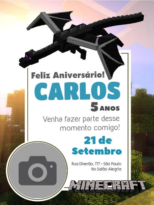Convite de Aniversário Minecraft com Foto para Editar Online