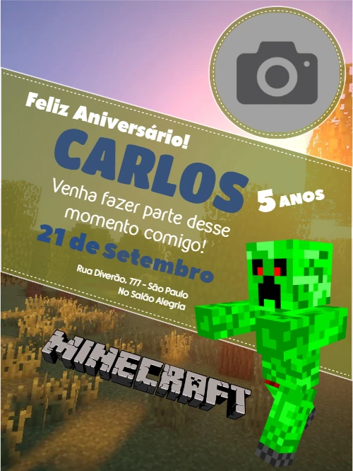 Convite de Aniversário Minecraft com Foto Editável Online
