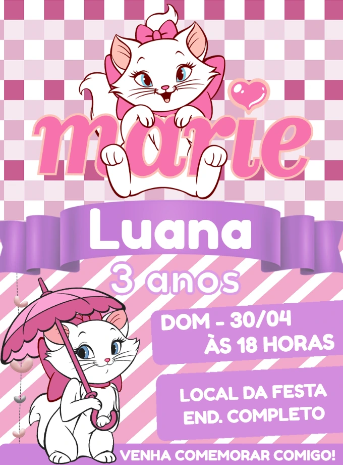 Convite Aniversário Gatinha Marie para Editar Online