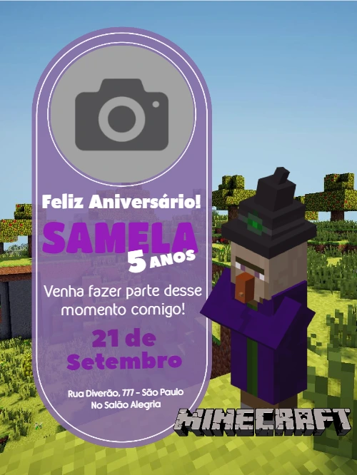 Convite de Aniversário Minecraft com Foto para Editar Online