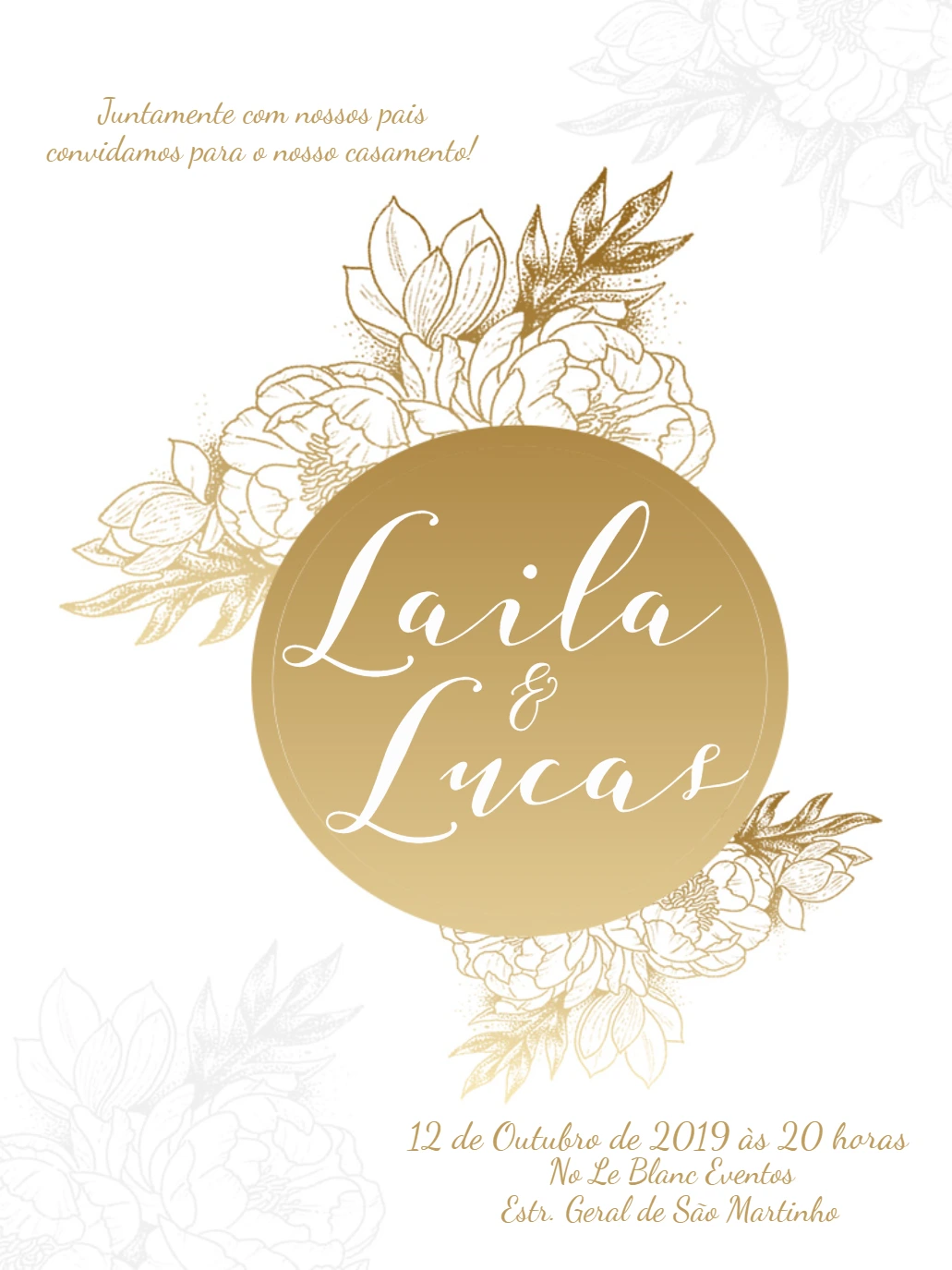 Convite de Casamento Flores Douradas para Editar Online