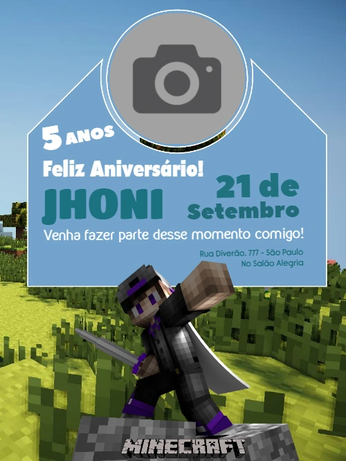 Convite de Aniversário Minecraft com Foto para Editar Online
