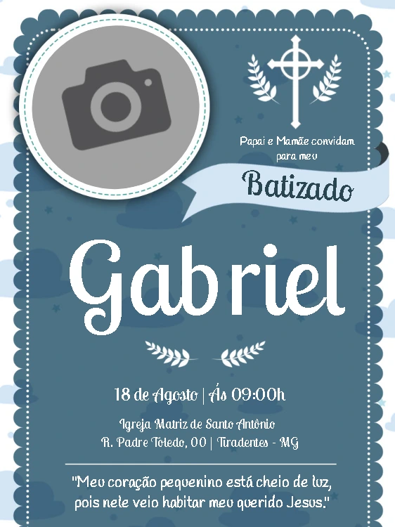 Convite de Batizado Masculino com Foto para Editar Online