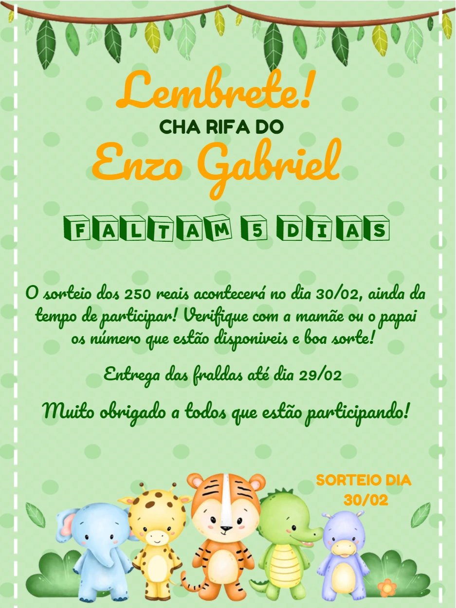 Lembrete Chá Rifa Safari com Animais Fofos para Editar