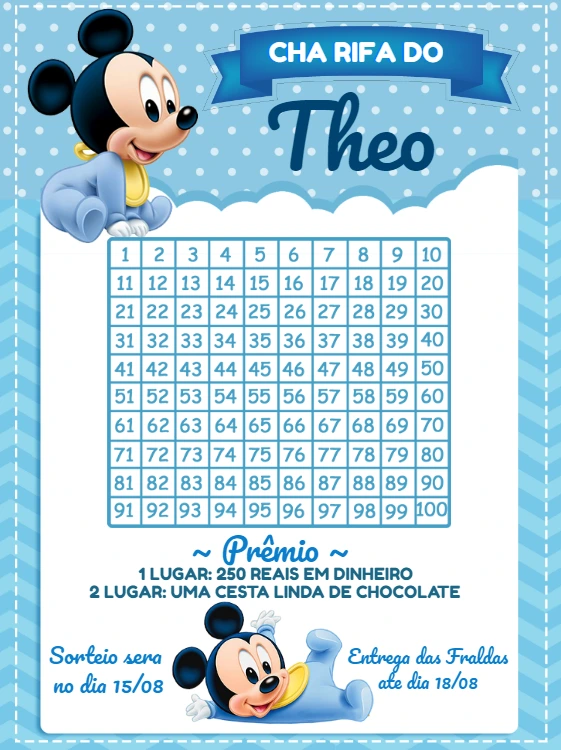 Chá Rifa Mickey Baby Editável Online para Imprimir
